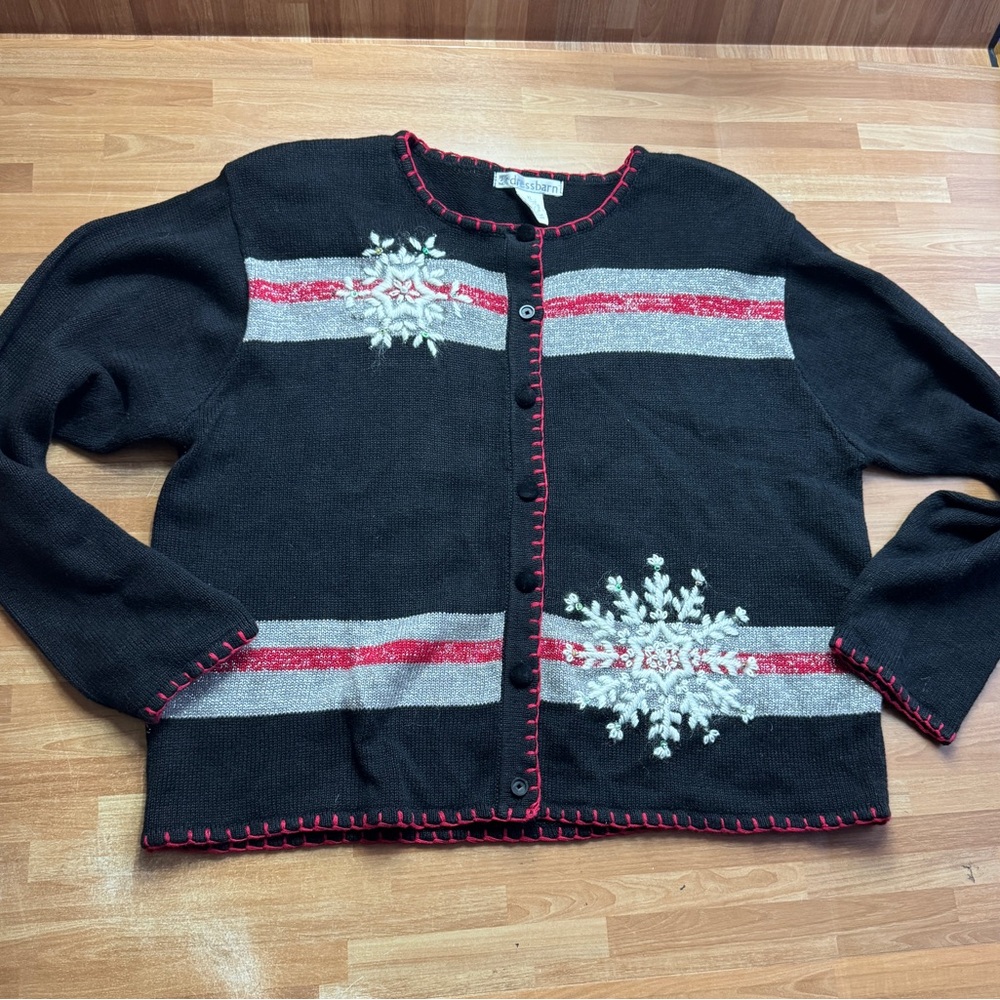 Christmas snowflake zip up cardigan black vintage sweater dress barn size XL